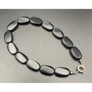 Vtg Black Onyx Bracelet Flat Bevel Bead Tests Sterling Silver Spring Ring 7.5 in